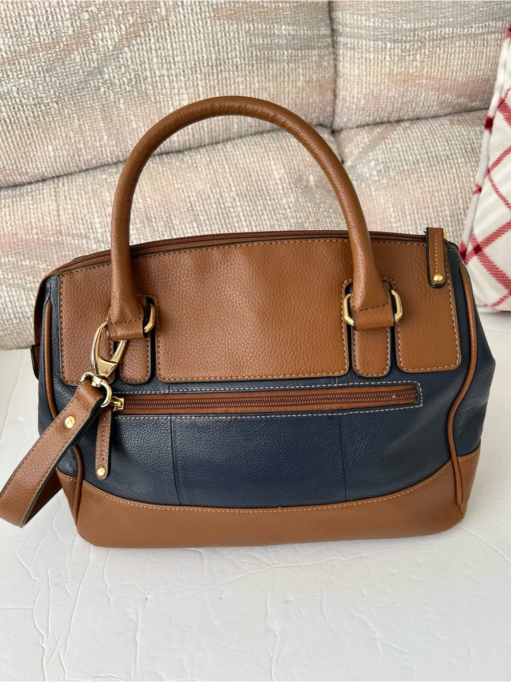 Tignanello Est. 1989 Brown Navy Leather Handbag Plus Shoulder Bag Gold Hardwar